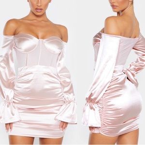 Prettylittlething PLT bardot satin mesh insert ruched bodycon dress size 4